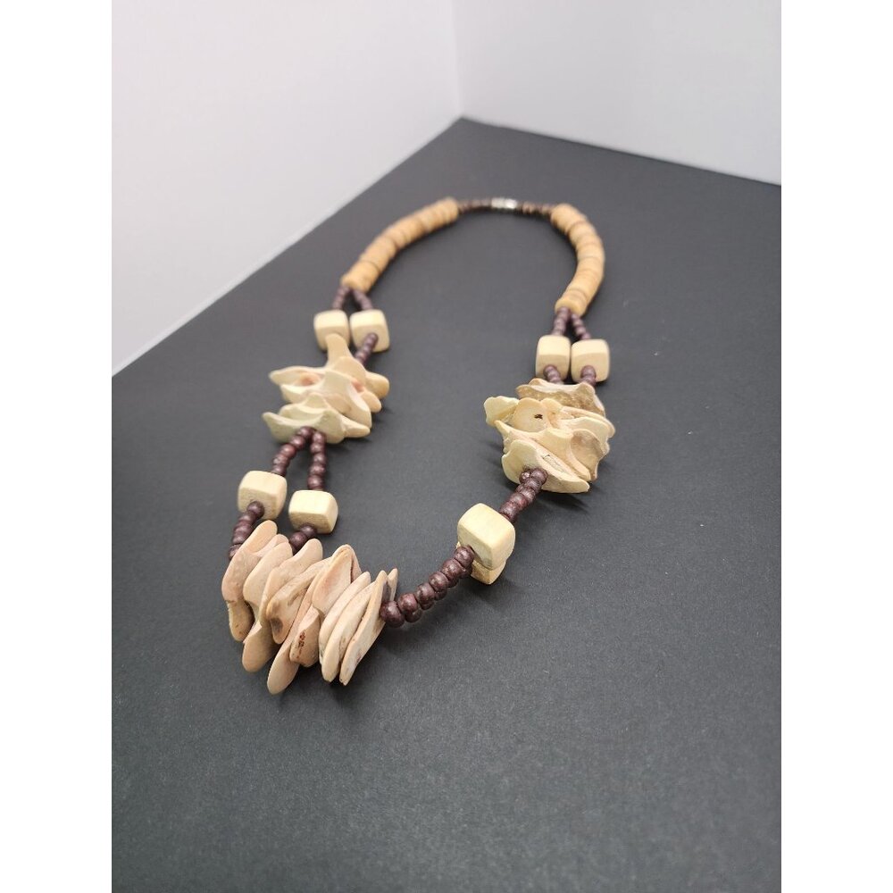 Vintage Unique Tribal Wood & Coconut Disc Beads Necklace Hand Carved - Picture 2 of 7
